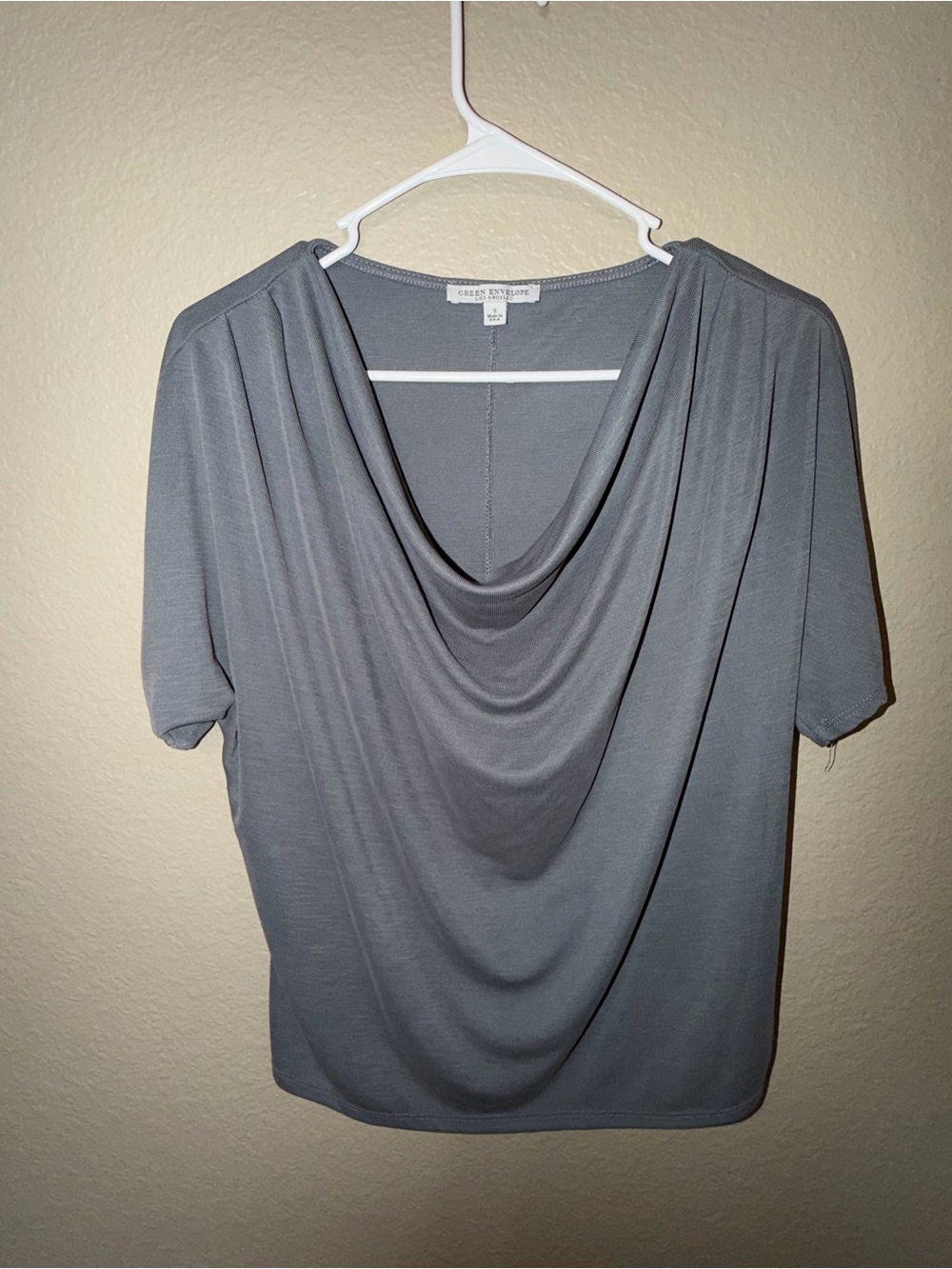 Green Envelope Draped Cowl Neck Blouse in Gray
